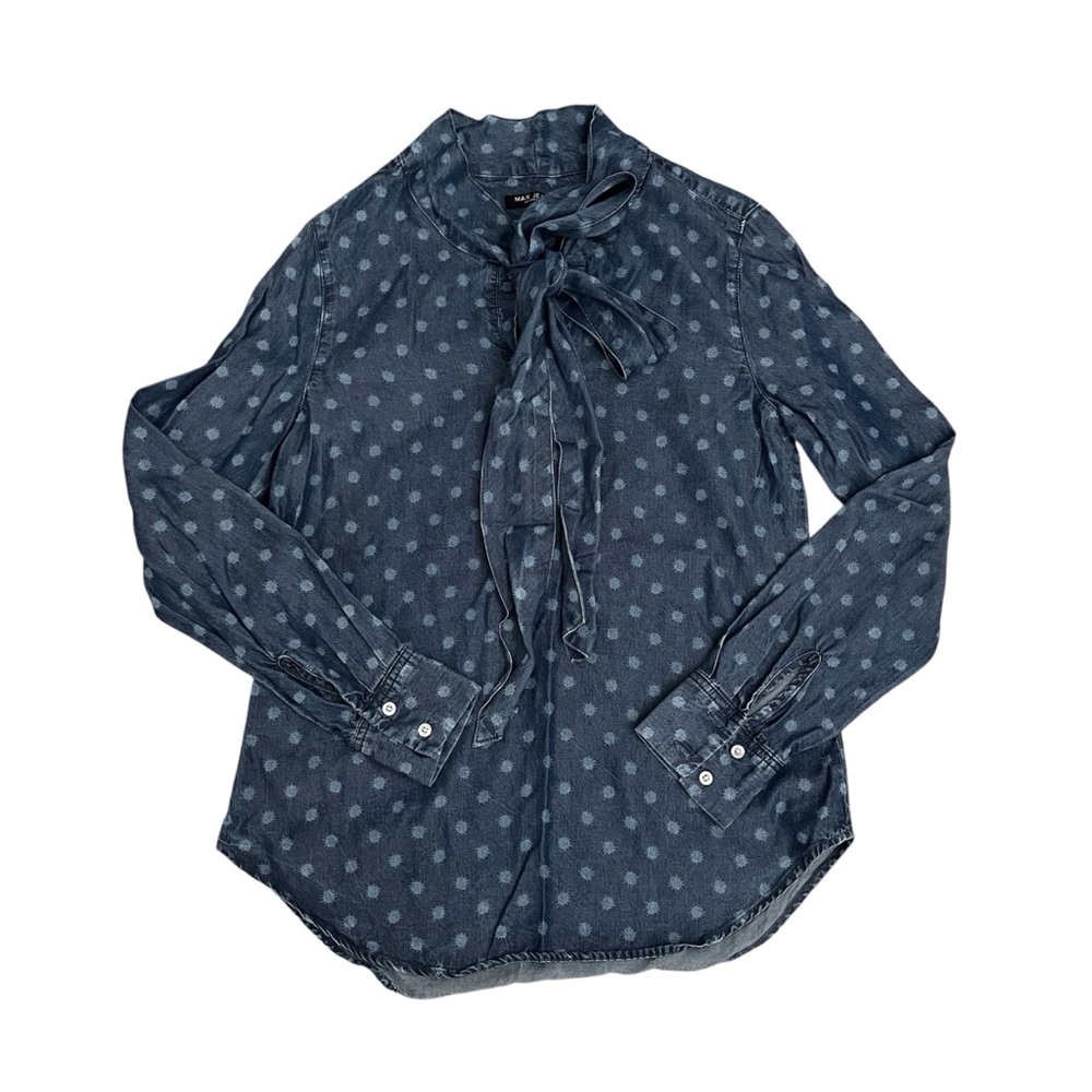 Max Jeans Chambray Tencel Polka Dot Tie-Neck Blouse - Blue US S